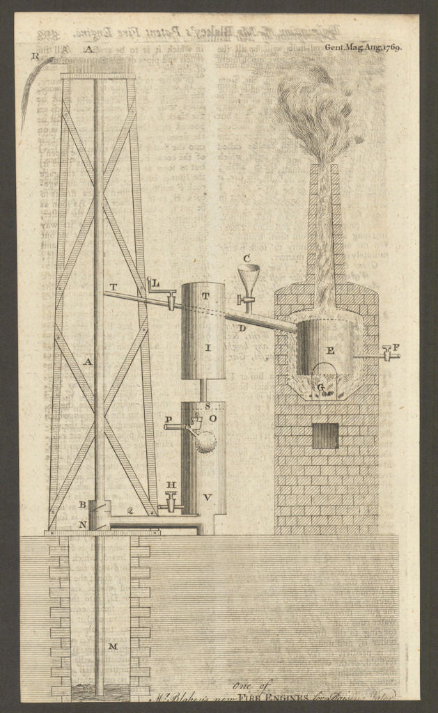 Mr. W. Blakey's new Fire Engines for raising water 1769 old antique print